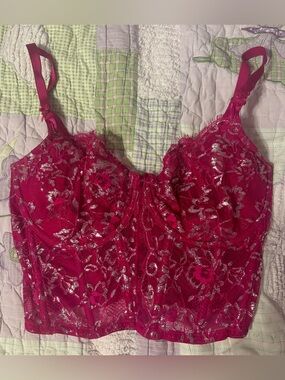 Victoria’s Secret Fuchsia Lace Bustier Corset Top with Silver Metallic Accents